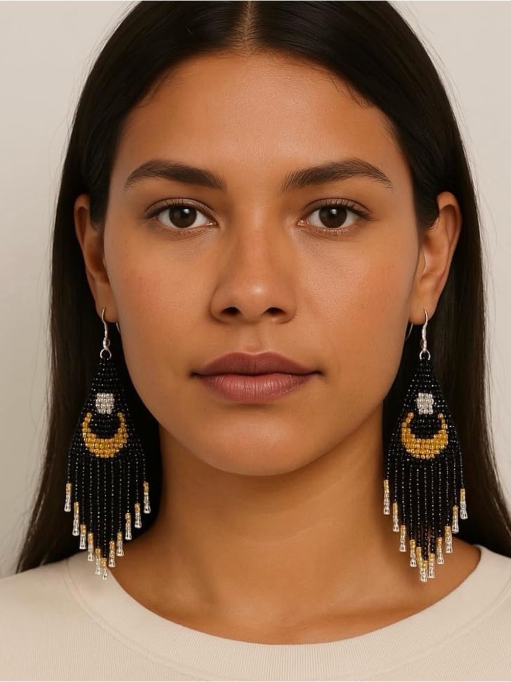 Boho Black and Gold Mystic Moon Seed Beaded Fringe Drop Earrings